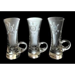 4 Crystal Knobler Bulgaria 4" Etched Floral Cordial Shot Glasses w/Handles EUC